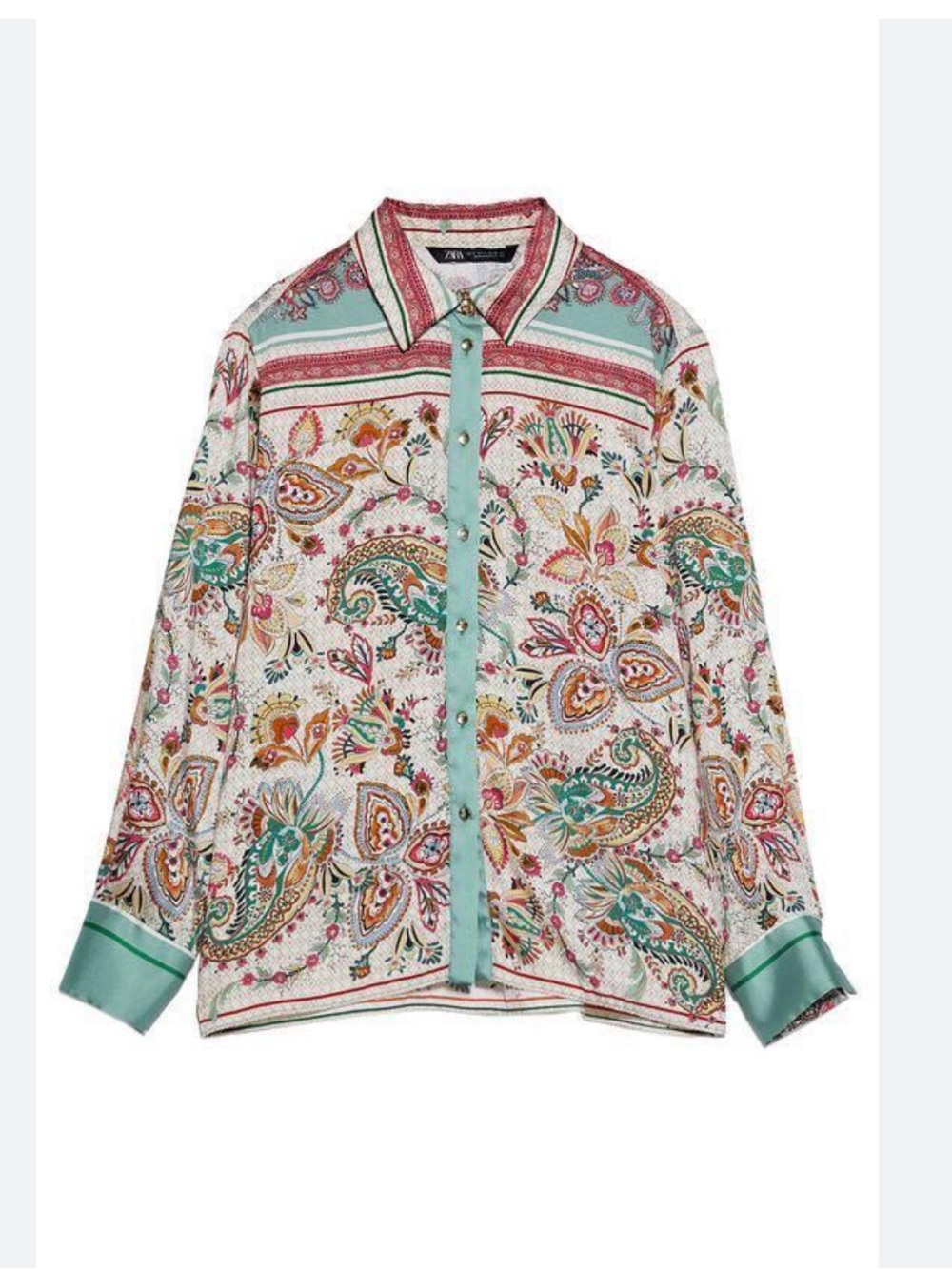 Zara Multicolor Paisley Button-Up Blouse with Aqua Trim